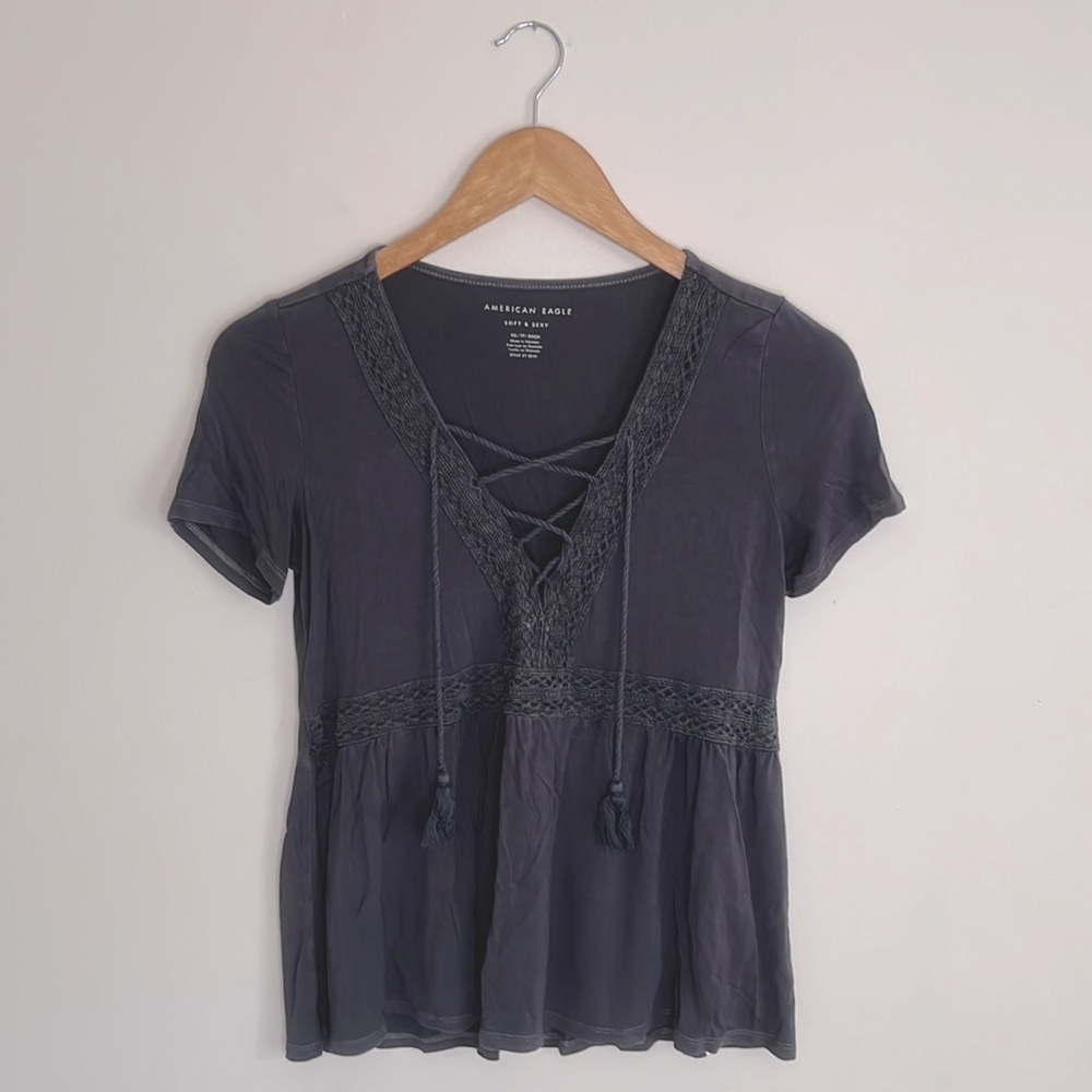 American Eagle Lace Trim Corset Tie Shirt